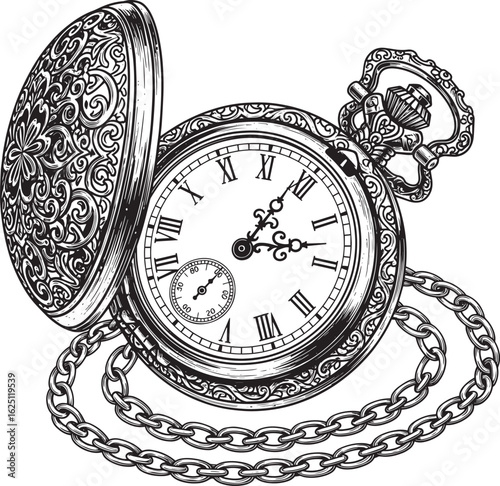 Vector art of vintage pocket watch with ornate lid and chain, isolated on white background