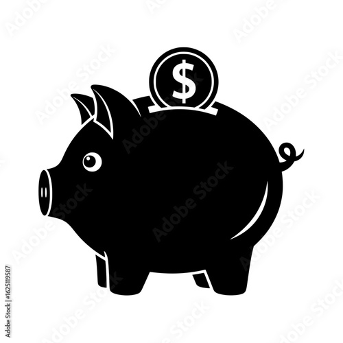 An icon illustration of a piggy bank with a dollar coin in the top slot. 