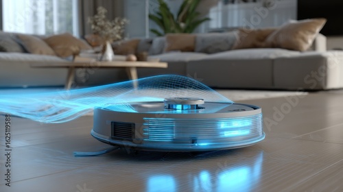 Modern robotic vacuum cleaner in a living room