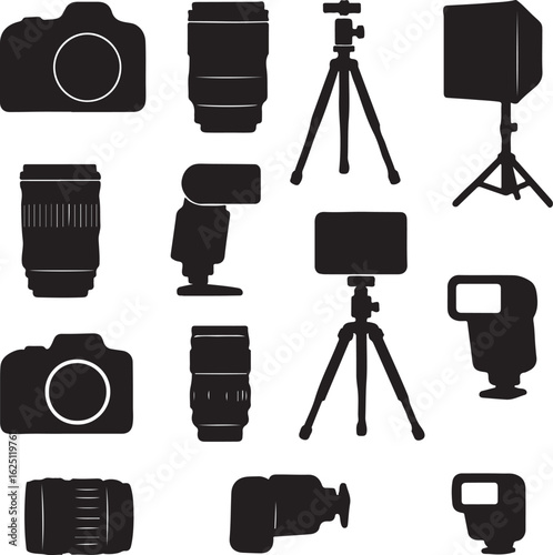 Isolated digital SLR camera with a black lens and tripod stand for professional photography