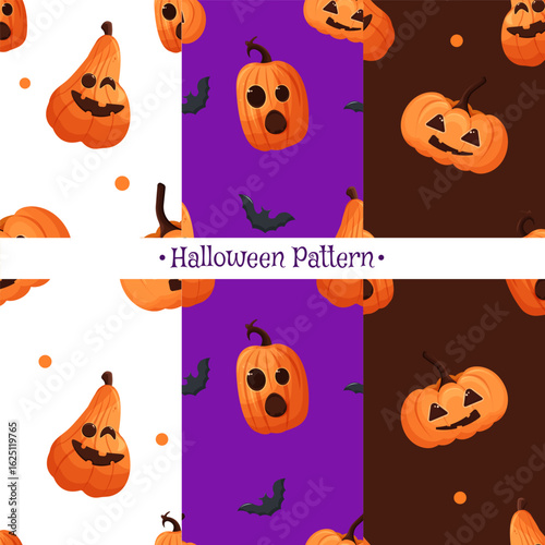 Halloween pattern with various jack-o-lanterns and decorative elements on colorful backgrounds. A vibrant Halloween pattern features different jack-o-lanterns, bat silhouettes, and festive details.