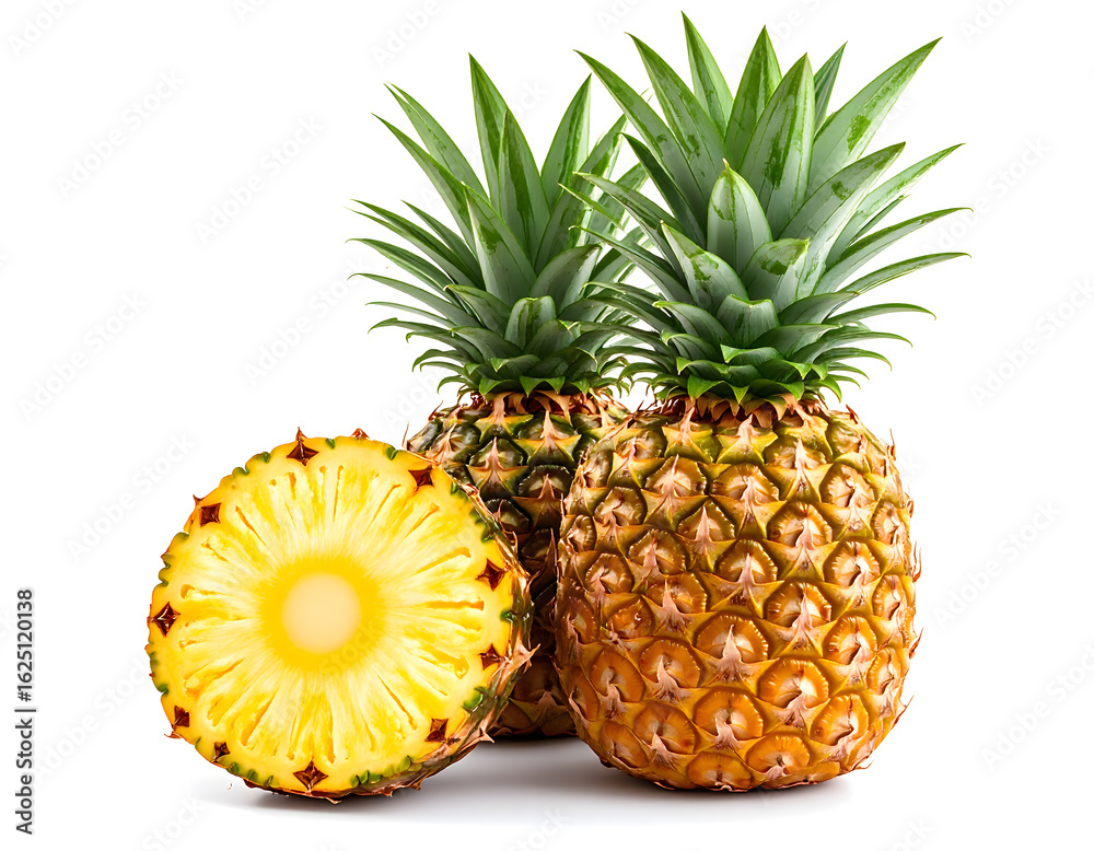 Fresh Ripe Pineapples: Whole and Sliced Tropical Fruit on White Fresh Ripe Pineapples: Whole and Sliced Tropical Fruit on White
