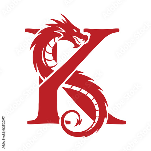 Dragon with Letter K Monogram Mascot Logo Design, Dragon wrapped around letter K, Stylized Lettermark Logo, Vector Illustration.