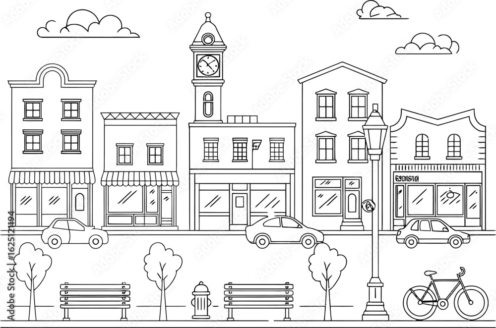 Fototapeta premium Charming Black and White Line Drawing of a Town Street Scene