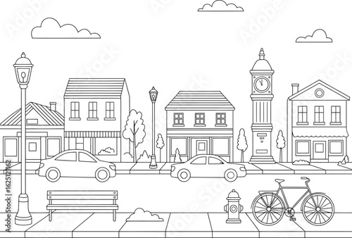 Simple Line Drawing of a Quaint Town Street Scene