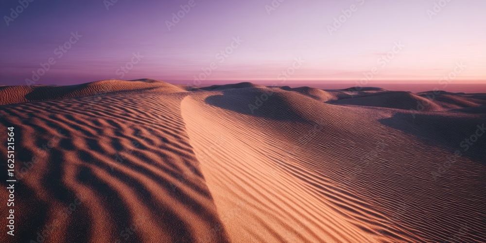 Naklejka premium The vast desert landscape showcasing undulating sand dunes at sunset.