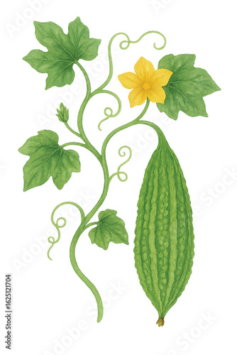 Bitter Melon Vine with Flower and Fruit – Watercolor PNG