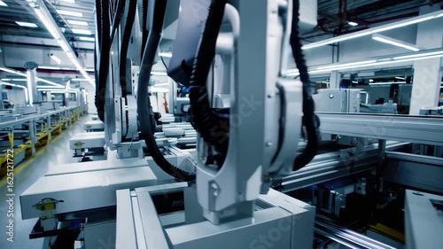 In a high-tech factory, robotic arms move with precision to assemble products. The smooth operation of these machines exemplifies the integration of automation and innovation in modern manufacturing.