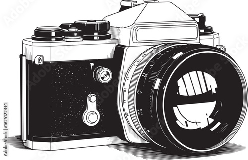 Vector art of vintage analog camera with a large lens, black and white illustration