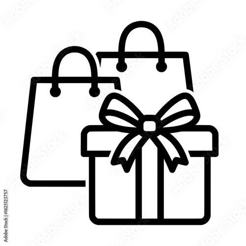 An icon illustration featuring two shopping bags and a ribbon-wrapped gift box in front. This image symbolizes shopping, promotions, gifts, and e-commerce.