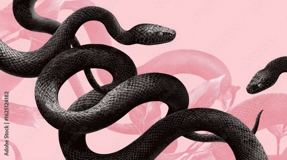 Obraz premium Intricate illustration of black snakes on a pink background.