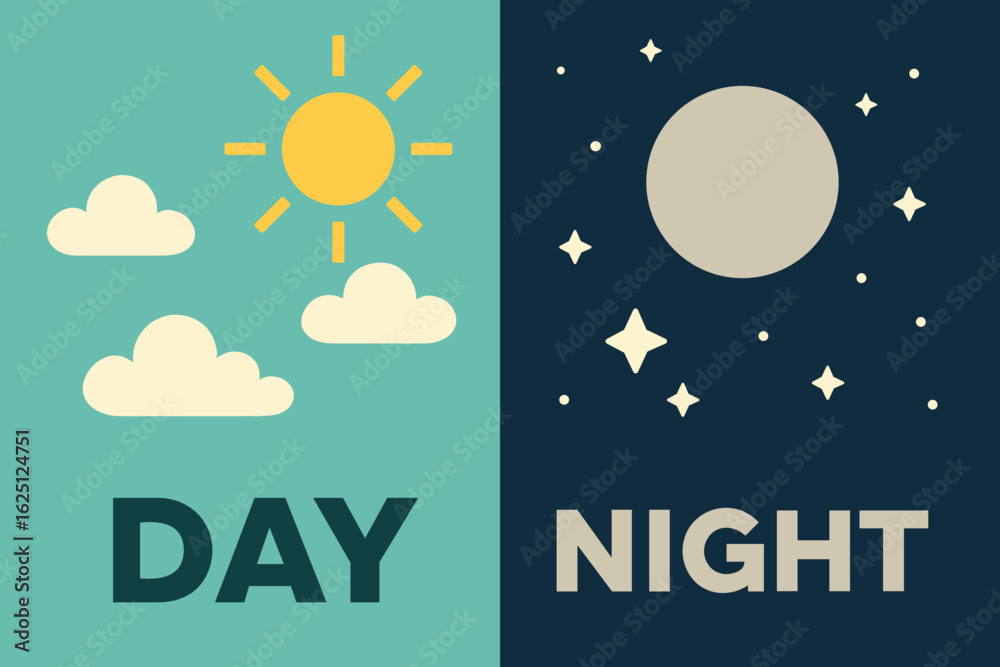 Fototapeta premium A visually striking graphic split into two halves: one side illustrates a sunny day with clouds and a bright sun, while the other side showcases a starry night with a moon. This design symbolizes the