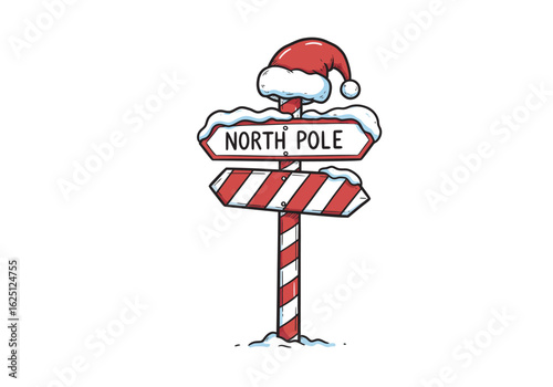 Christmas North Pole Signpost with Candy Cane Pole and Santa Hat.