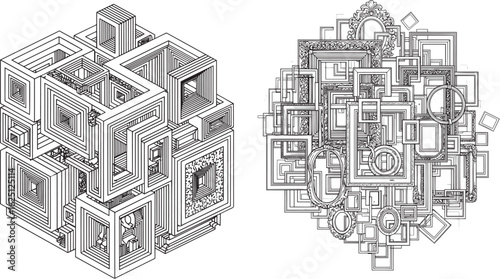 Vector art of abstract geometric architectural structure in isometric perspective, isolated on white background