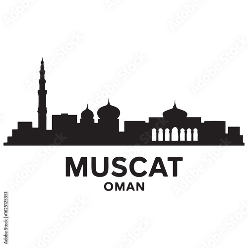 Muscat skyline horizontal banner. Muscat, Oman. Vector template for your design. Vector black silhouette. with white background