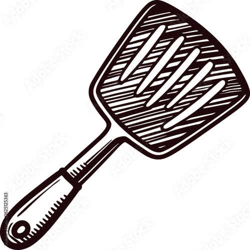 Hand drawn kitchen spatula utensil illustration vintage engraved slotted flipper tool sketch isolated on white