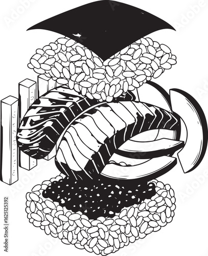 Vector art of exploded view of sushi roll with ingredients isolated on white background