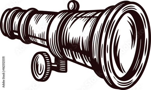 Vintage engraved drawing of an antique brass spyglass telescope with detailed etching and adjustment knob