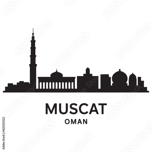 Muscat skyline horizontal banner. Muscat, Oman. Vector template for your design. Vector black silhouette. with white background