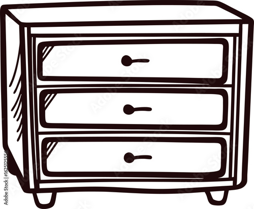 Hand drawn wooden dresser with three drawers, simple vintage furniture sketch illustration isolated on white