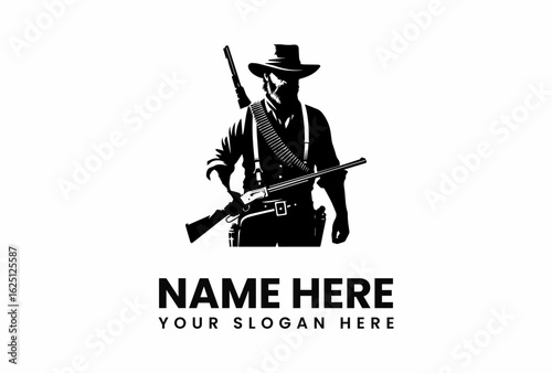 Bearded Gunslinger Silhouette with Shotguns and Cartridge Belt.
