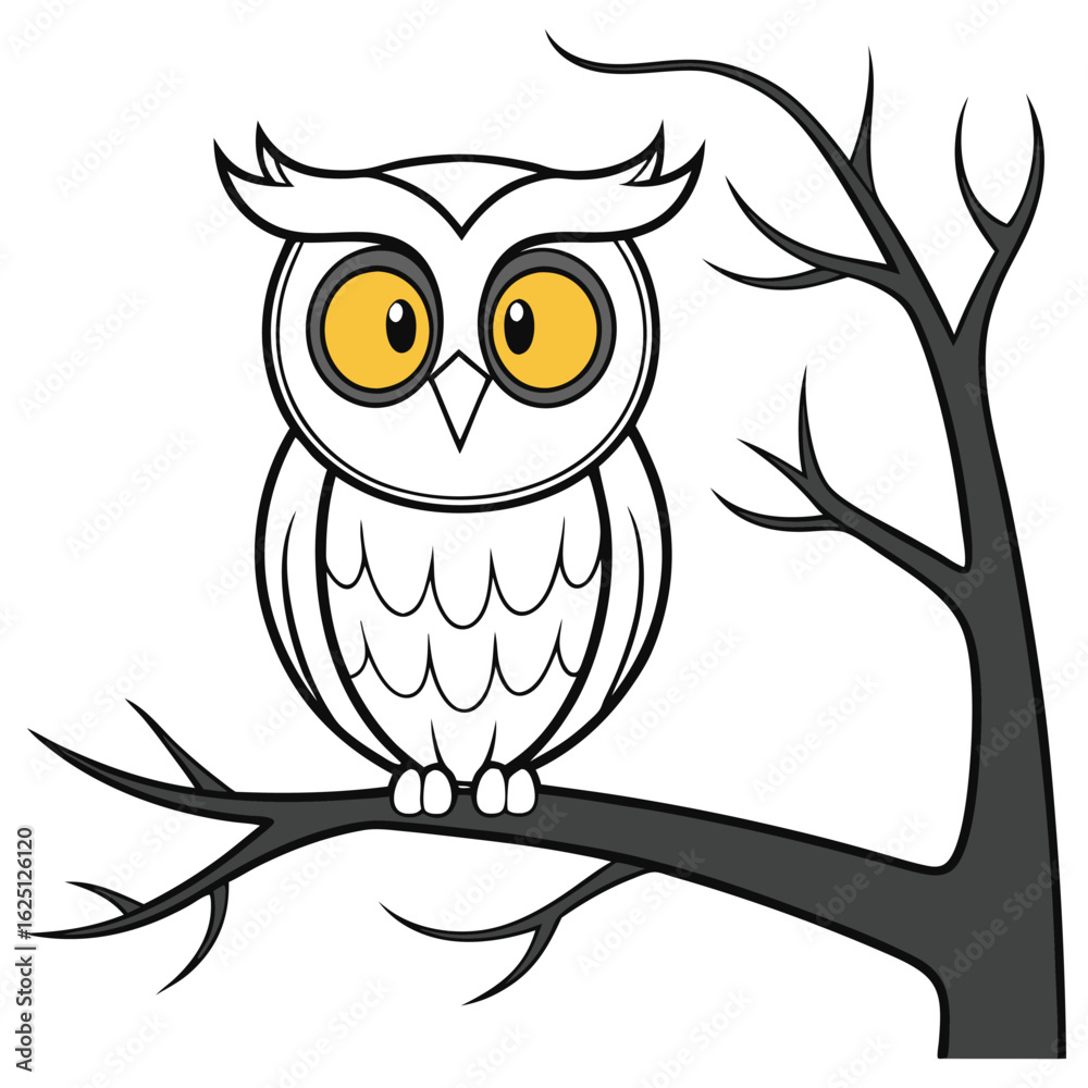 Fototapeta premium Cartoon owl with large yellow eyes perched on a bare tree branch