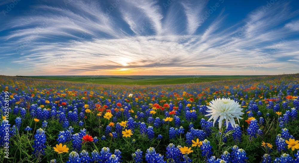 Fototapeta premium Vibrant Sunset over Texas Bluebonnet Field: A Panoramic Vista of Wildflowers