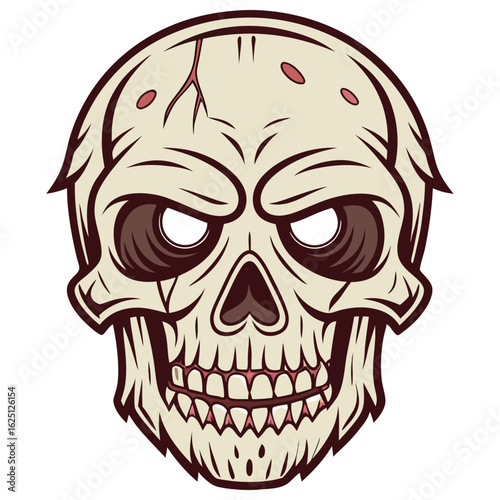 Cartoon style skull illustration featuring cracks and menacing blank eye sockets