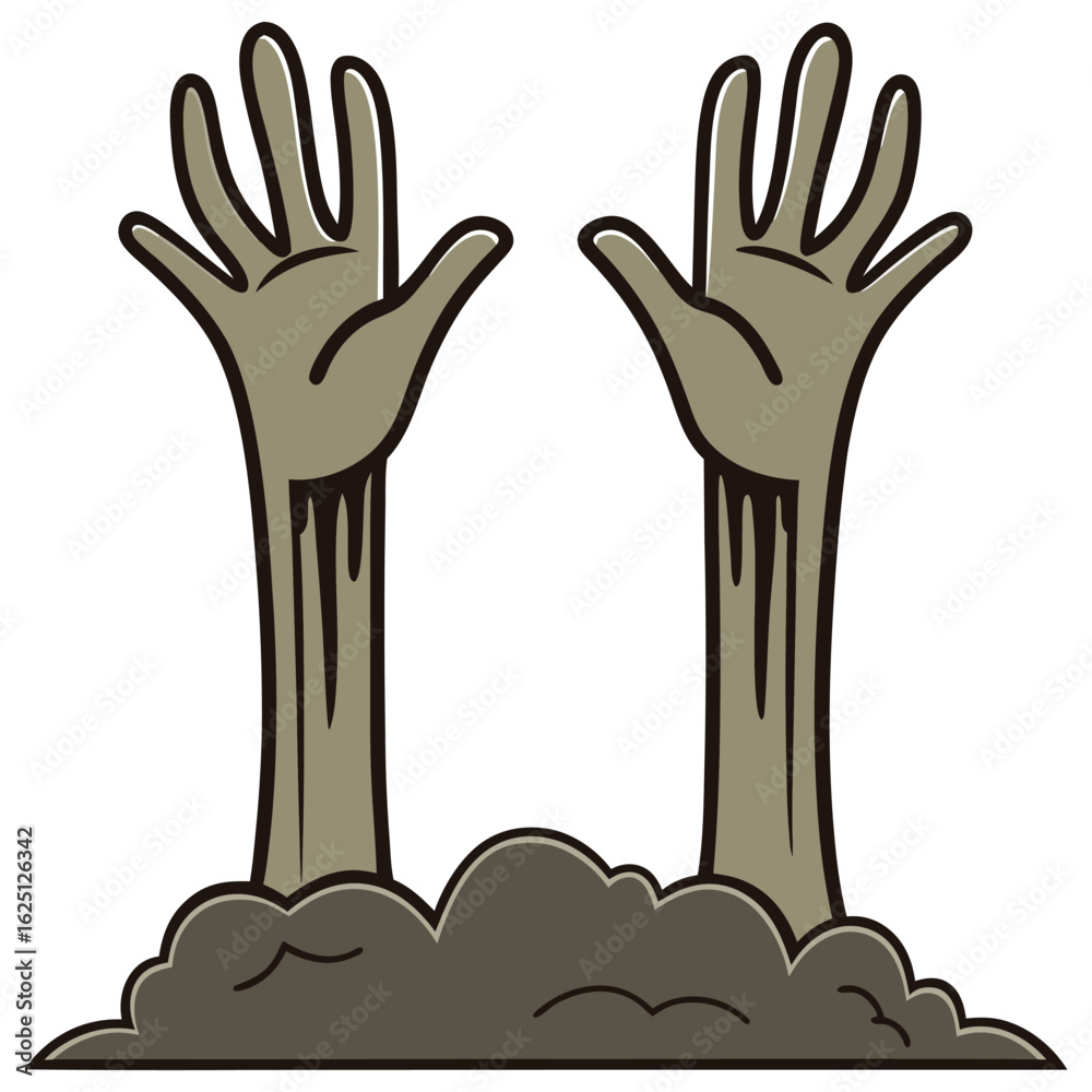 Obraz premium Cartoon Zombie Hands Emerging from the Grave on Halloween Night Scene