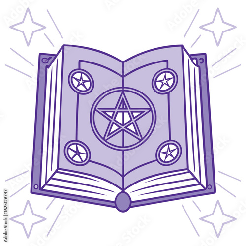 Illustrated grimoire with pentagram surrounded by stars and bursts of magical energy