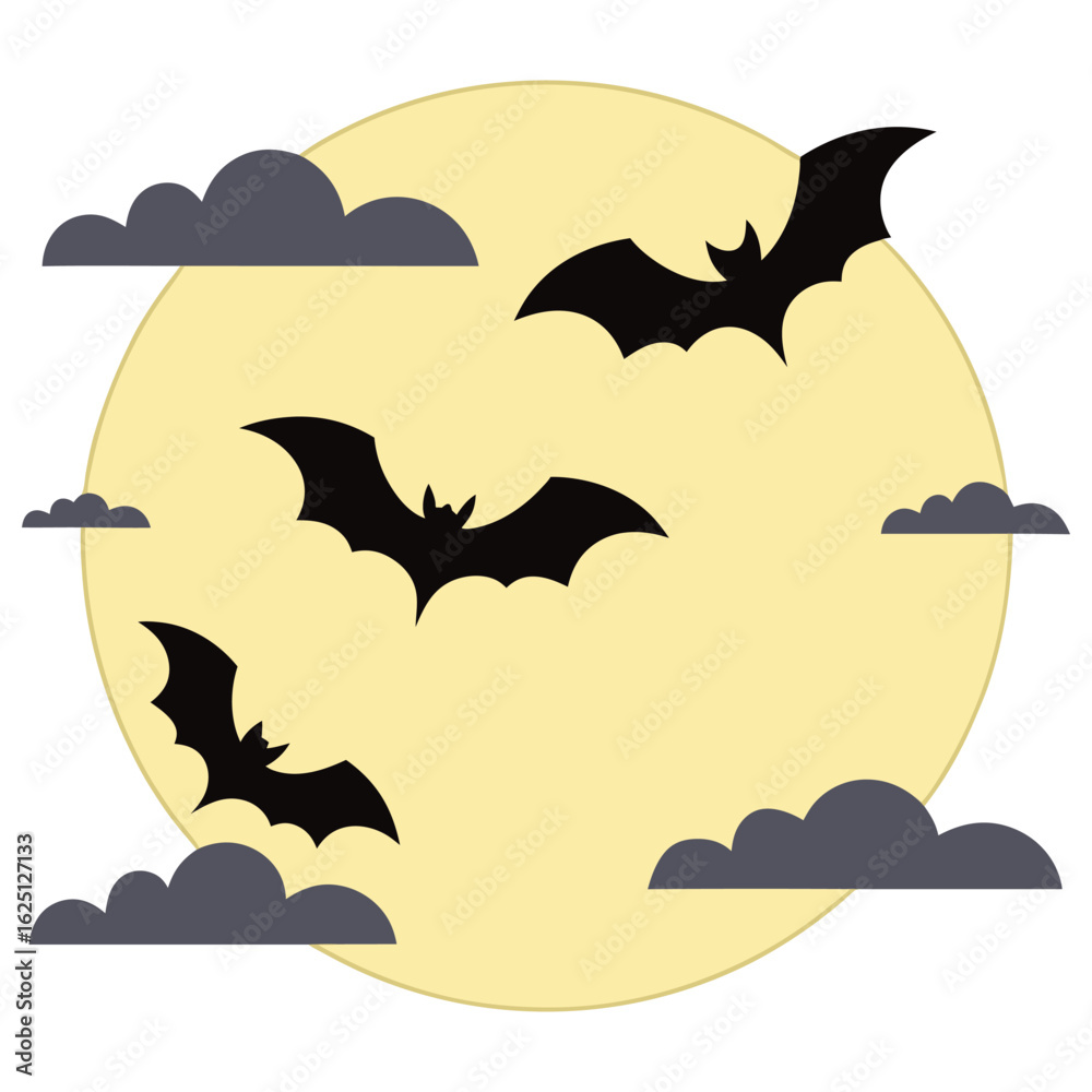 Naklejka premium Stylized Halloween image with bats flying in front of a full moon