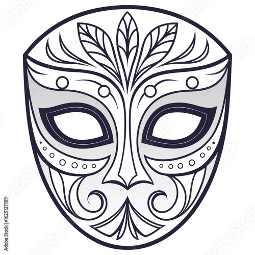 Stylized Tribal Mask with Botanical and Geometric Elements Illustration Art
