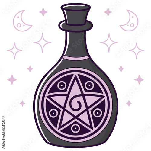 Whimsical potion bottle with pentagram, stars and moon in pastel colors
