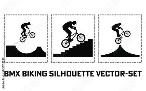 
A Black and White BMX Biking Silhouette Vector silhouette Set
