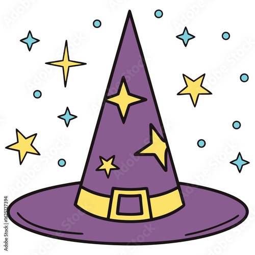 Whimsical Purple Witch Hat Surrounded by Stars and Sparkling Magic Orbs