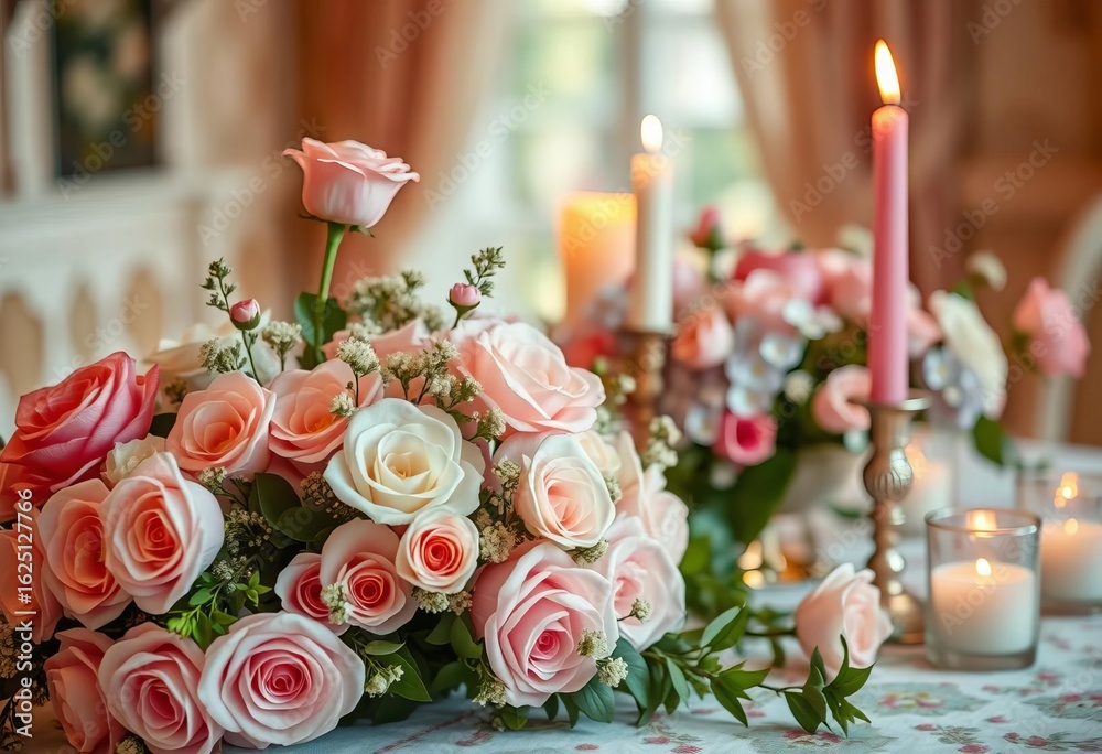 Obraz premium Pastel flowers and candles adorn a romantic table setting, arrangement, floral