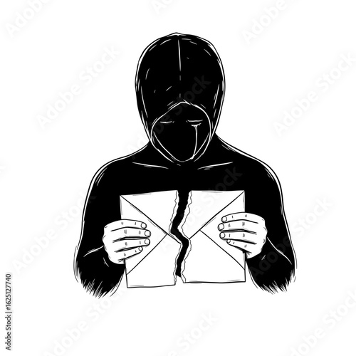 Person in hooded garment holding a torn envelope with tears streaming down their face illustration