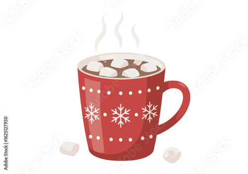 Red Mug of Hot Chocolate with Marshmallows and Snowflake Design.