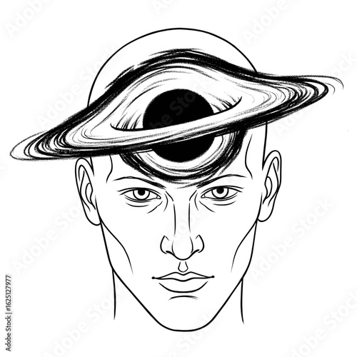 Line drawing of a male head with a celestial object replacing part of the cranium design element