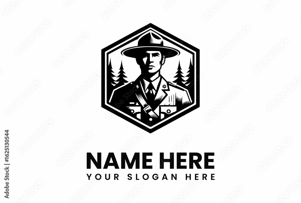 Monochrome illustration of a ranger in a hat within a hexagon frame with trees. Monochrome illustration of a ranger in a hat within a hexagon frame with trees.