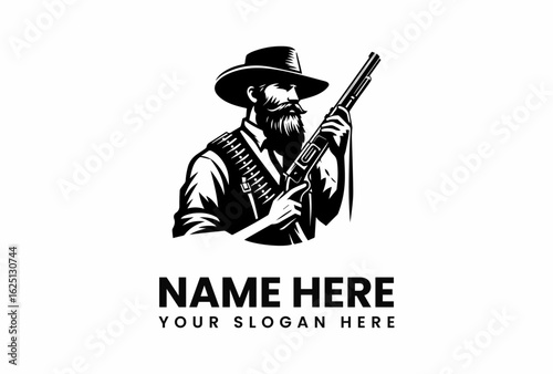 Monochrome Cowboy with Shotgun and Bandolier Ready for Action Detailed Black and White Illustration.