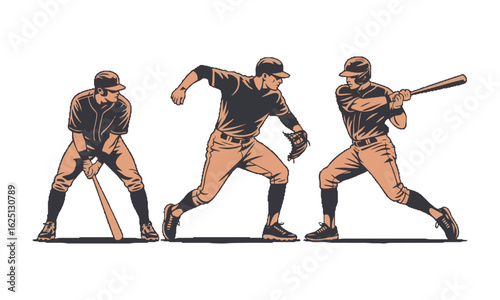 Scalable vector illustration of three dynamic baseball player silhouettes in black and white, one preparing to bat, one mid-pitch, and one completing a swing, easily editable.