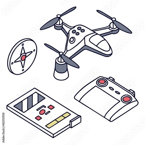 vector illustration of a set of drone--remote-control--gps-icon--and-battery