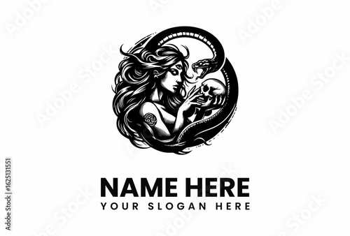 Mystical Woman with Snake and Skull Symbolic Black and White Illustration.