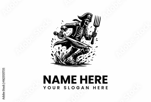 Pirate Skeleton Brandishing Sword and Fork Running with Splash Effect.