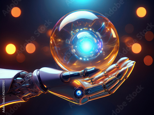 Cybernetic grip on glowing sphere to teach children about robotics and future systems
Robot hand holding light orb to inspire youth about machine learning and tech ethics