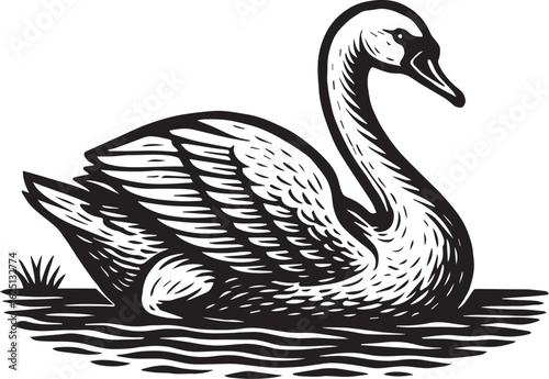 Elegant swan gliding across calm water in bold black-and-white linocut style, symbolizing grace and serenity.