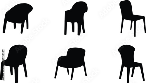 Plastic Outdoor Chair Vector Illustration, Plastic Chair Silhouette Set Design.