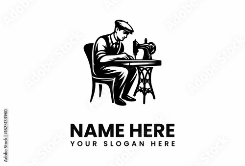 Silhouette of a Tailor at Work with Antique Sewing Machine and Elegant Table.