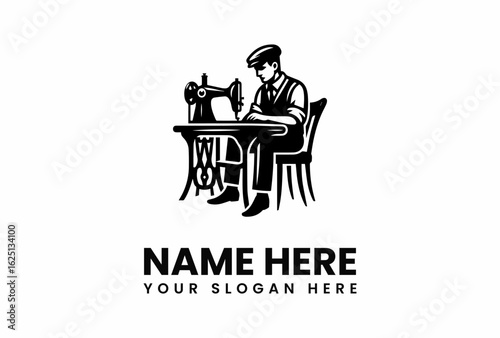 Silhouette of a Tailor at Work with Sewing Machine and Chair.